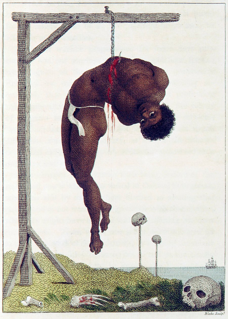 En svart person hängdes levande vid revbenen till en galg, pub. 1796. av John Gabriel Stedman