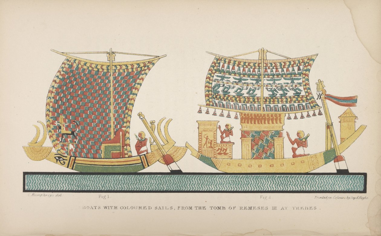 Båtar med färgade segel, från Ramses III:s grav i Thebe, illustration från "Maners and Customs of the old egyptians...", 1837-41 av John Gardner Wilkinson