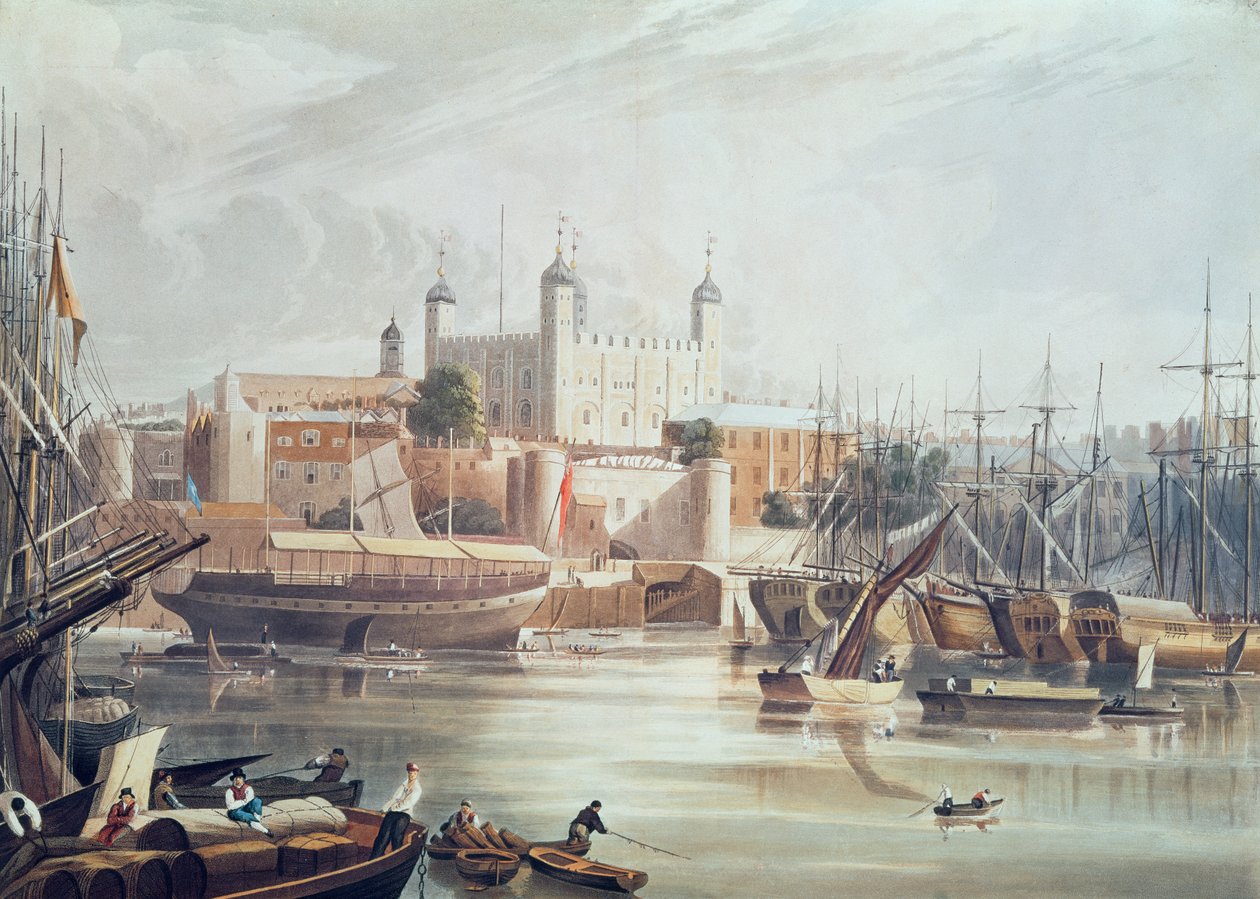 Vy över Tower of London, graverad av Daniel Havell (1785-1826) pub. i Ackermann