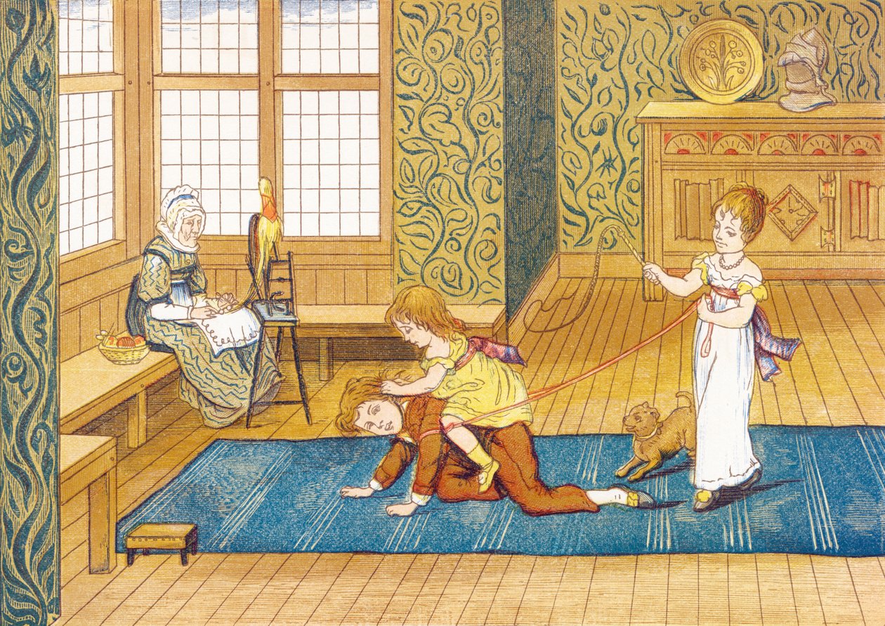 Lekstund - lekstund, tre barn leker, den yngsta rider på sin brors rygg, den yngsta rider på sin brors rygg, fäst vid renar som hålls av hennes syster, i ett vardagsrum, nära deras mormor som spinner ull - Utdrag ur Afternoon Te av John George & Emmerson Henry Hetherington (1831 1895) Sowerby