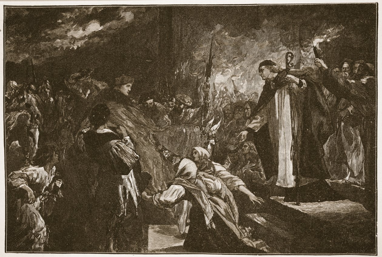 Kardinal Wolsey i Leicester Abbey, illustration från "The Church of England: A History for the People" av H.D.M. Spence-Jones, pub. ca 1910 (sepiafoto). av John Gilbert