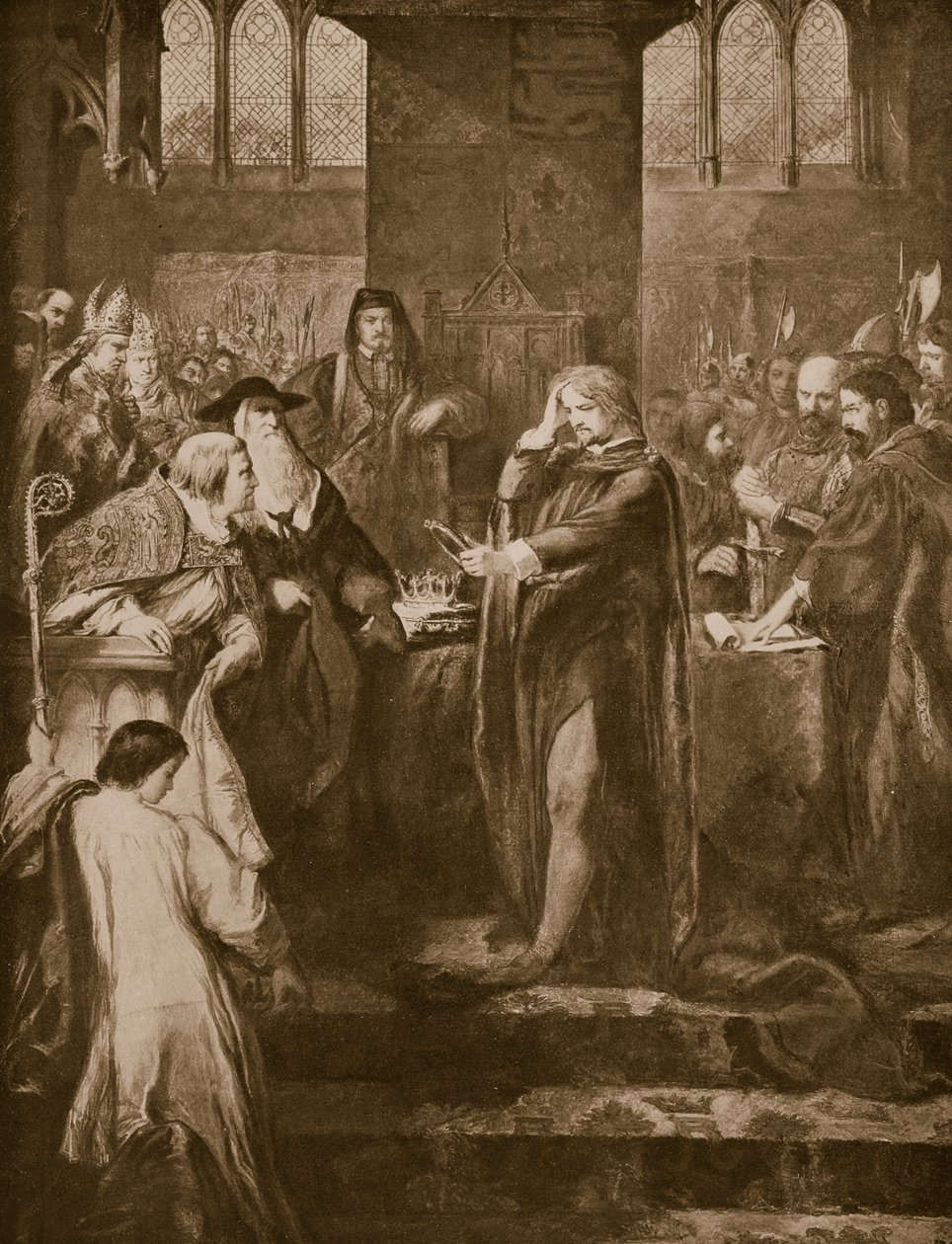 Kung Richard II överlämnar kronan till sin kusin Bolingbroke, illustration från 
