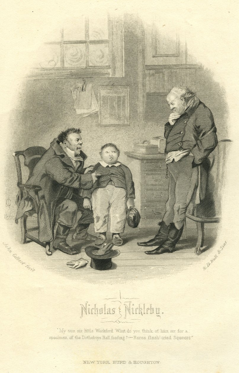 Nicholas Nickleby: Wackford Squeers and Young Wackford Squeers, graverad av H.B. Hall och söner, 1867 av John Gilbert