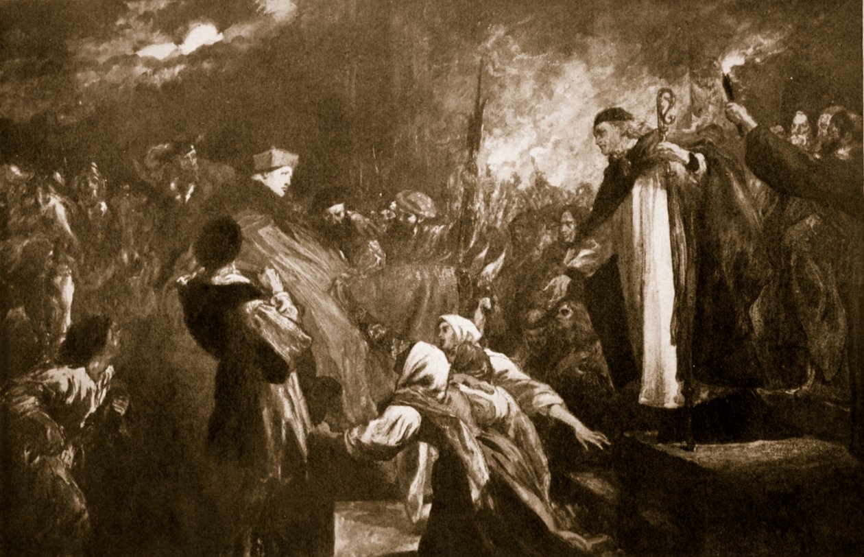 Kardinal Wolseys ankomst till Leicester Abbey, 1530, illustration från Hutchinsons "Story of the British Nation", ca 1920. av John Gilbert