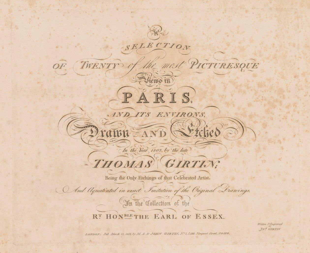 Ett urval av tjugo av de mest pittoreska vyerna i Paris och dess omgivningar: Titelsida, 1803. av John Girtin