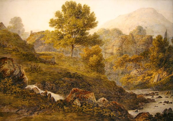 A Mountain Farmstead (akvarell på papper) av John Glover