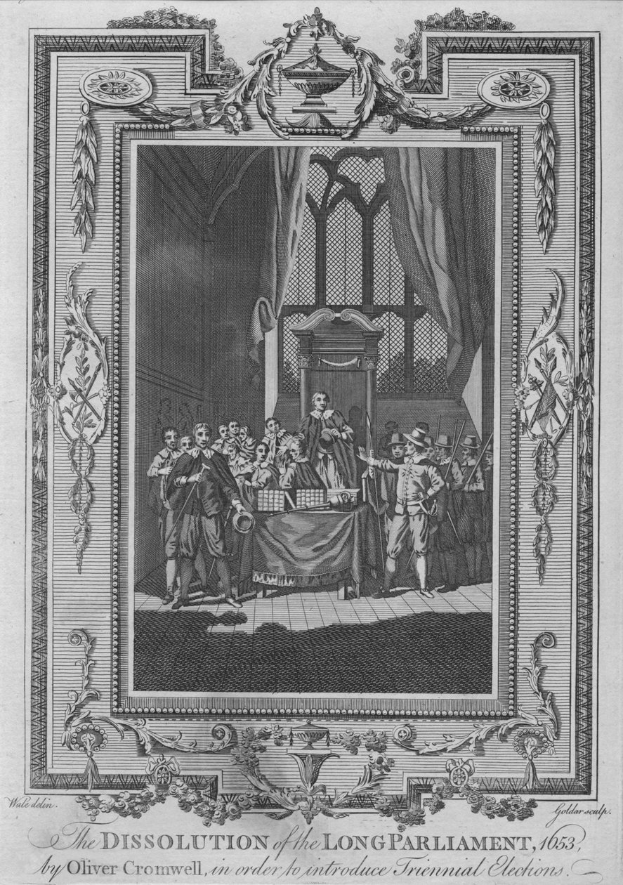 The Dissolution of the Long Parliament, 1653, av Oliver Cromwell, för att introducera Triennial Ele av John Goldar