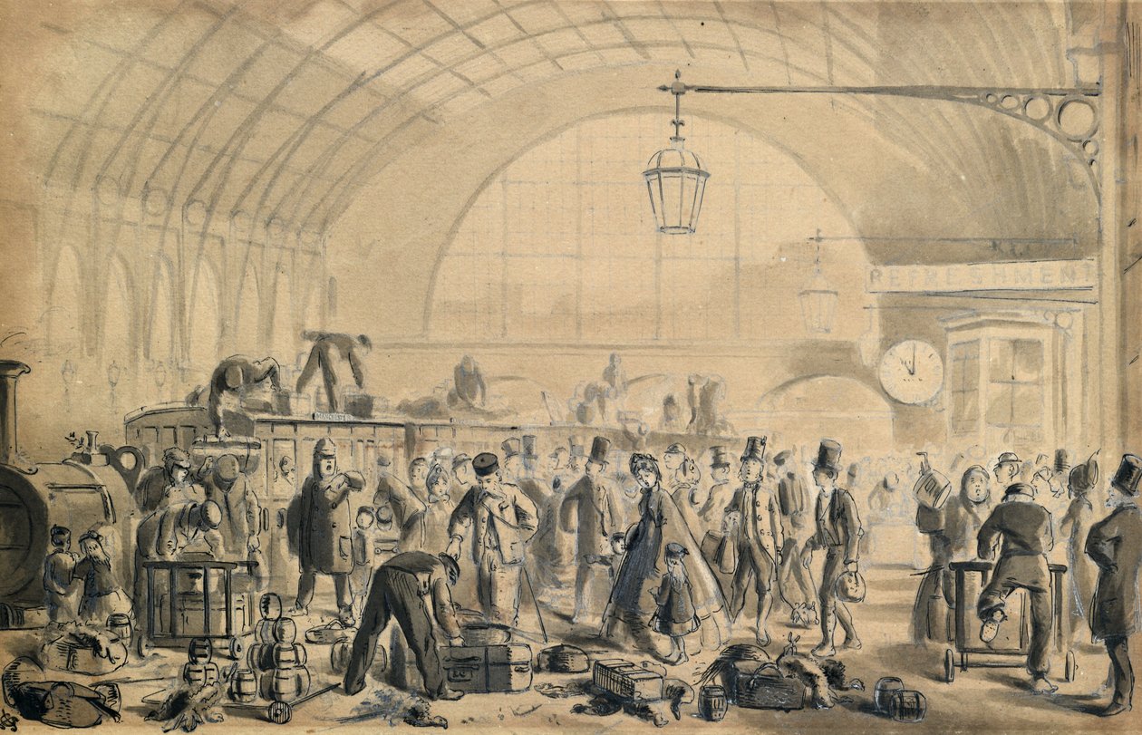 Julafton på Kings Cross Station, ca 1870-90 (penna och tvätt på papper) av John Gordon Thomson
