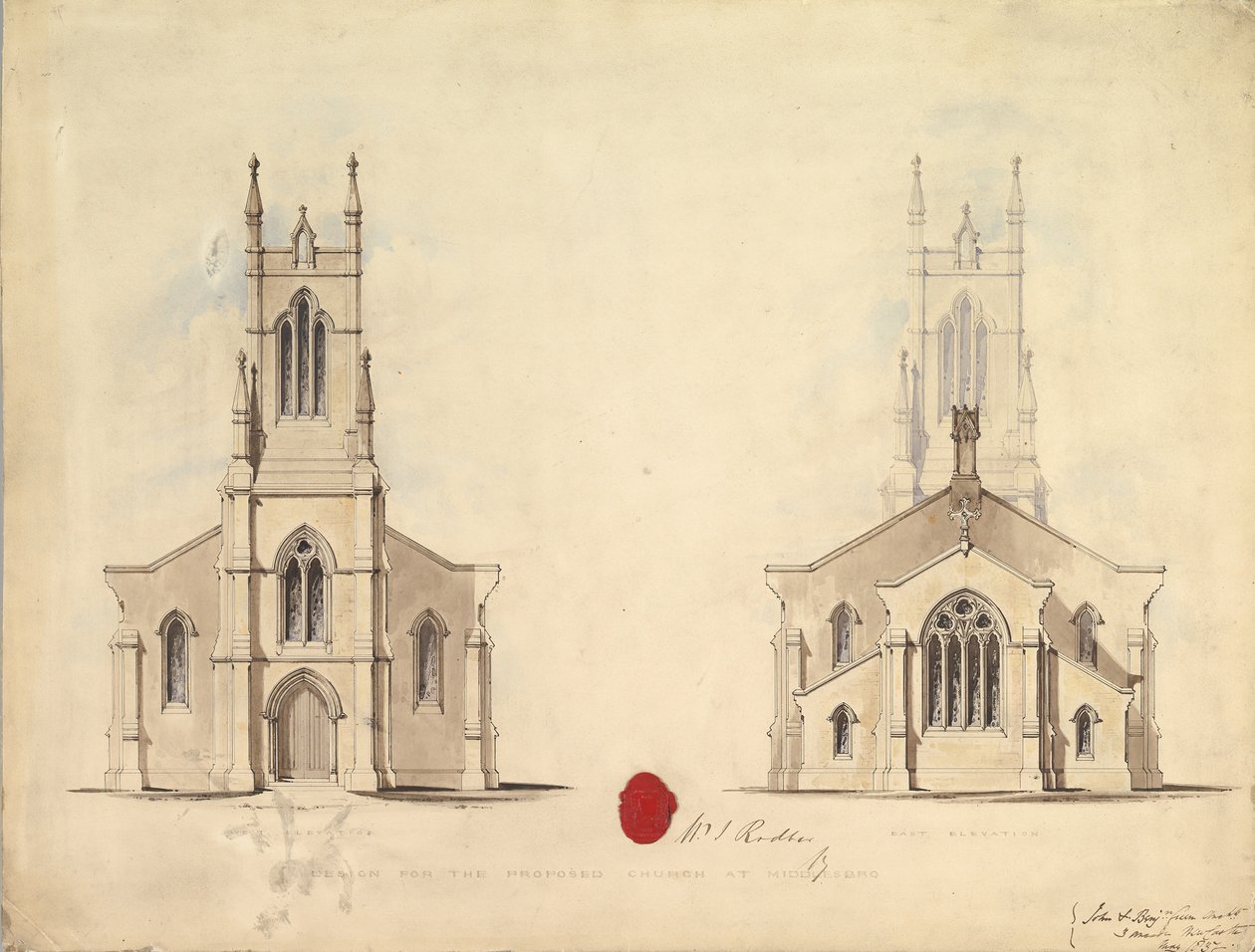 Design för den föreslagna kyrkan i Middlesborough, 1837 av John Greenwood