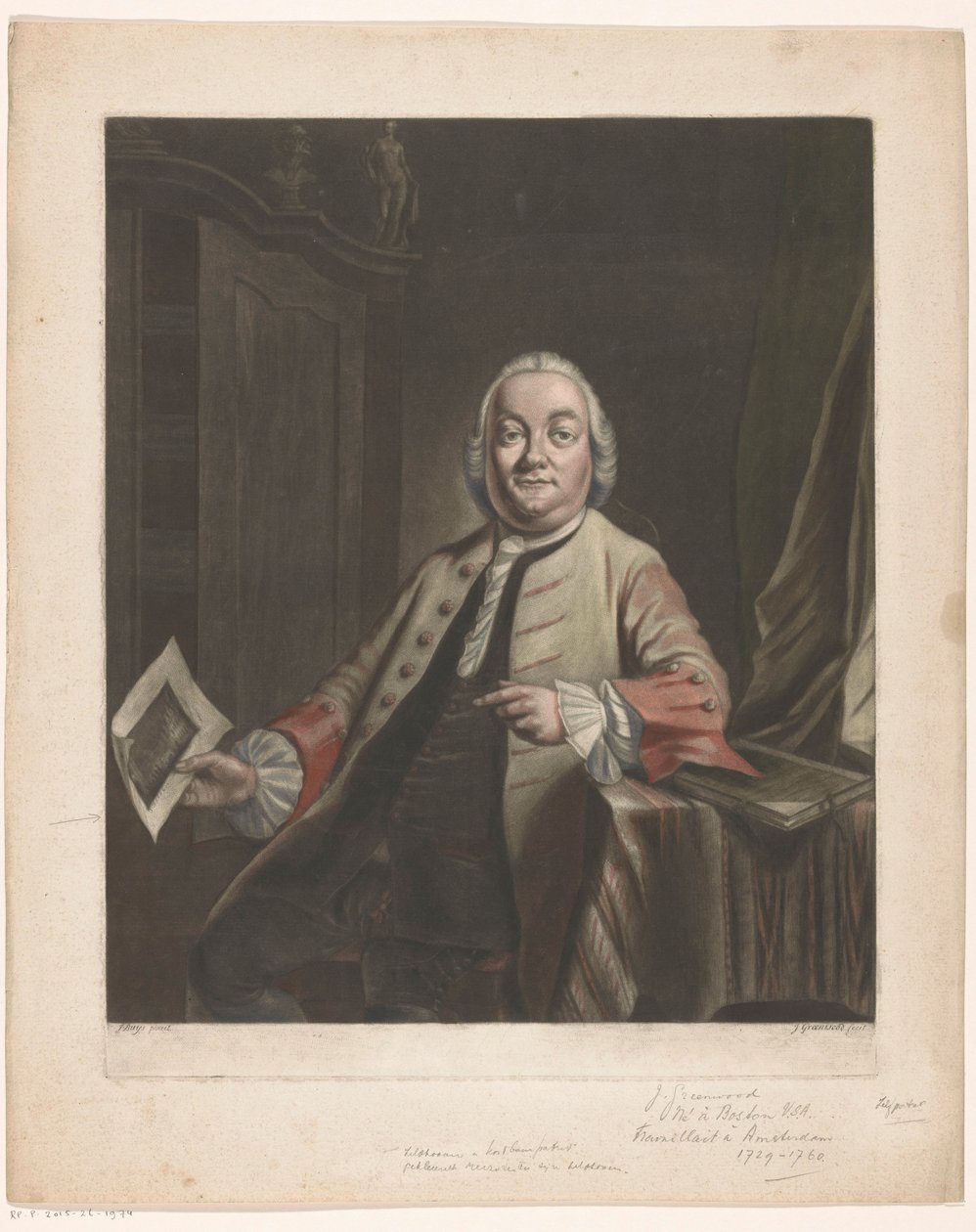 Porträtt av Simon Fokke med i handen trycket av plundringen av Gerrit Hagedoorens hus, 1751 av John Greenwood