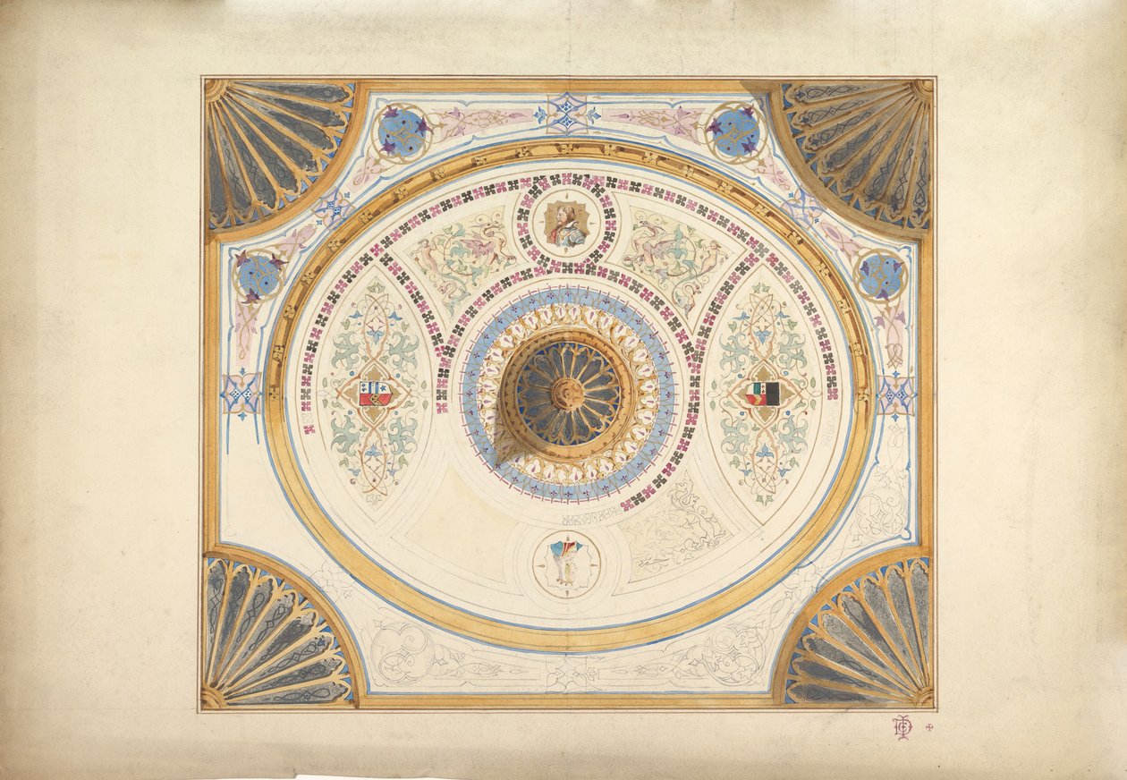 Design för tak med två porträtt och fläktstöd vid hörn, 1800-talet. av John Gregory Crace