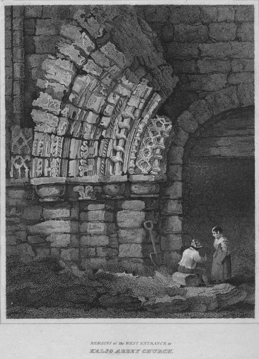 Rester av västra ingången till Kelso Abbey Church, 1814 av John Greig