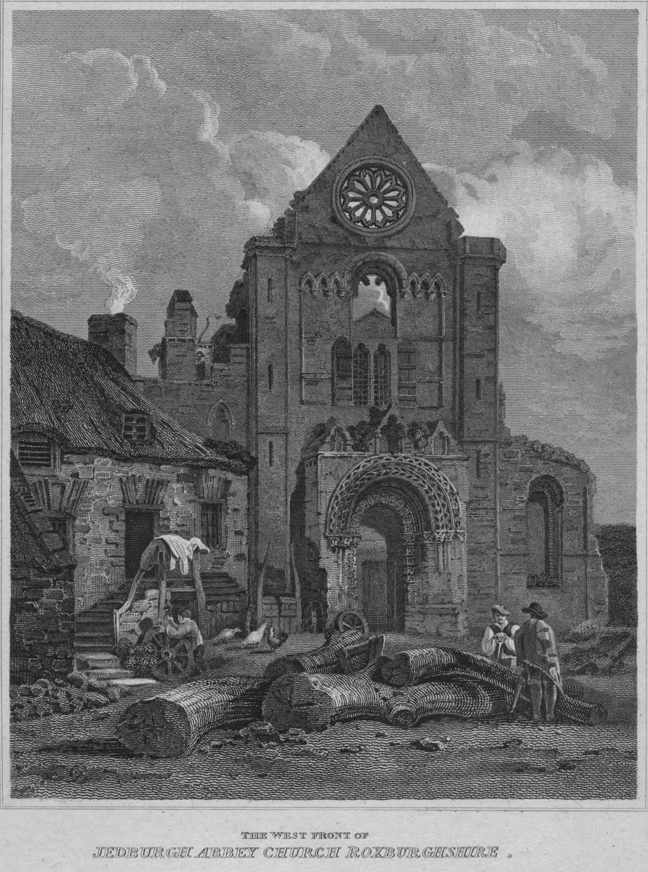 Västfronten av Jedburgh Abbey Church Roxburghshire, 1814 av John Greig