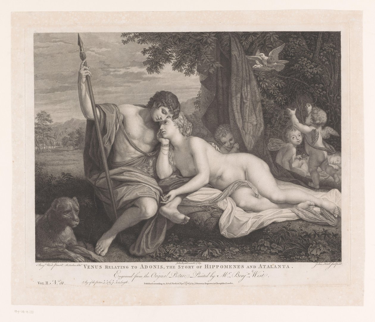 Venus berättar för Adonis historien om Hippomenes och Atalanta Venus om Adonis, berättelsen om Hippomenes och Atalanta (titel på objekt) Huvudmålningar i England (serietitel) The Most Capital Paintings in England (serietitel) av John Hall