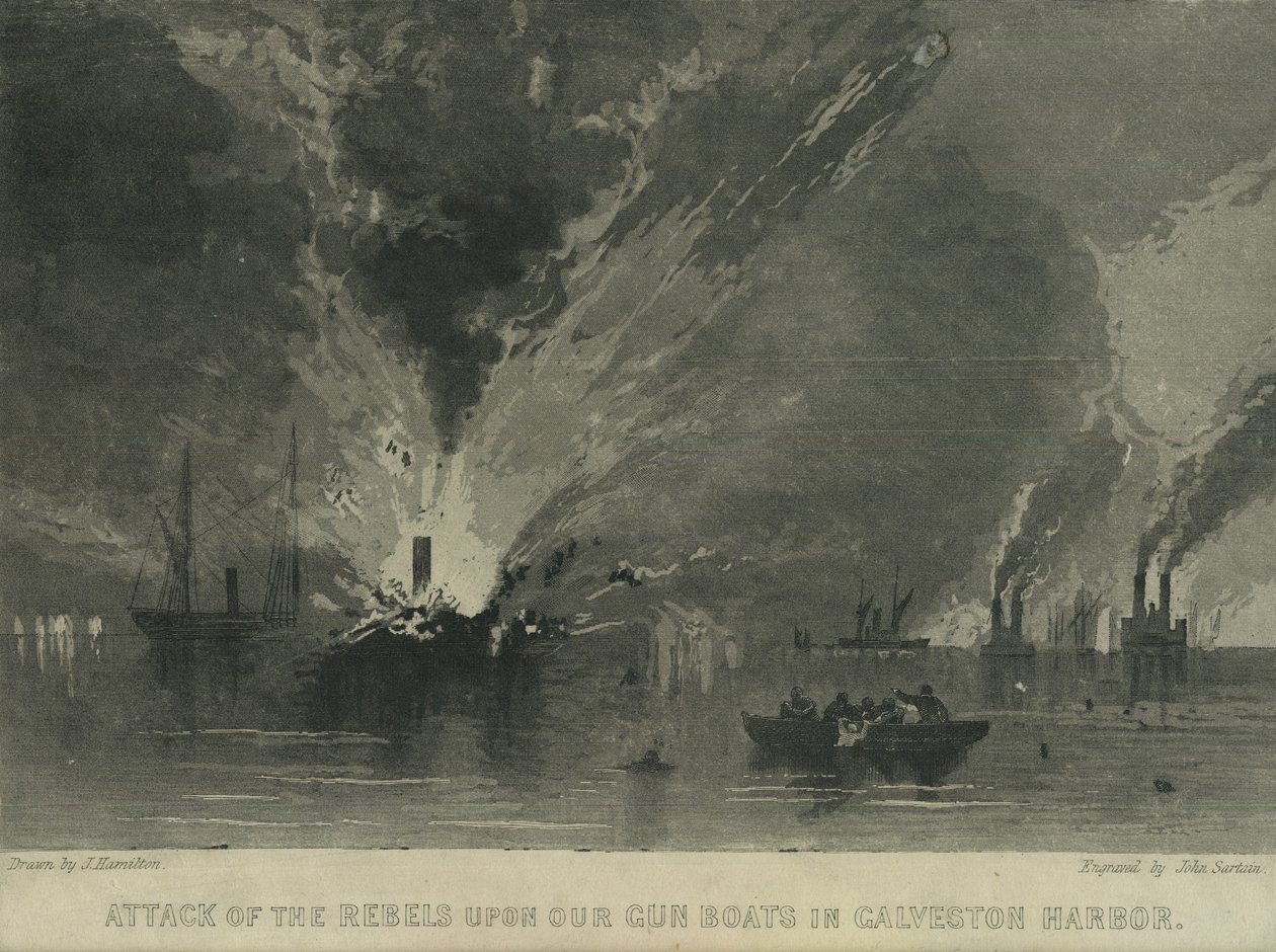 Attack av rebellerna på våra vapenbåtar i Galvestons hamn, ca 1863 av John Hamilton