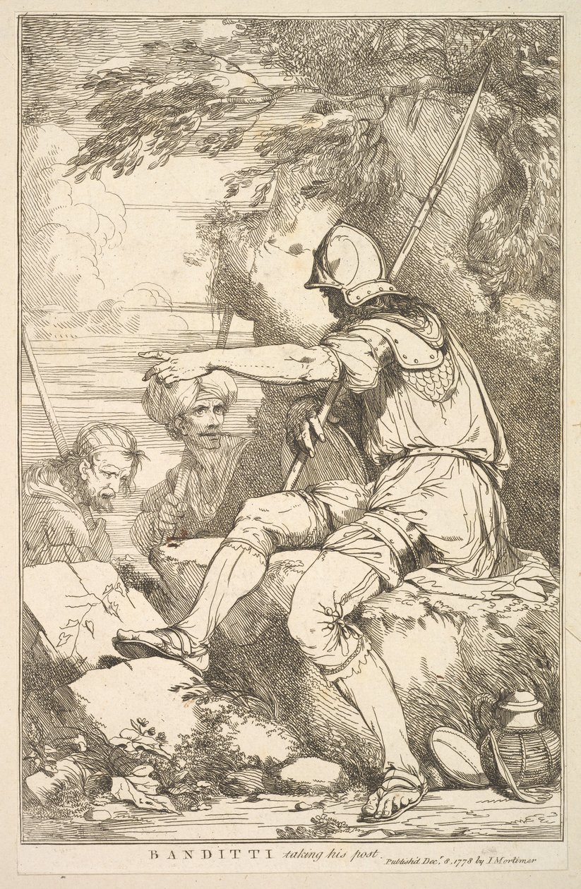 Banditti tar sin post från femton etsningar tillägnad Sir Joshua Reynol..., 8 december 1778. av John Hamilton Mortimer