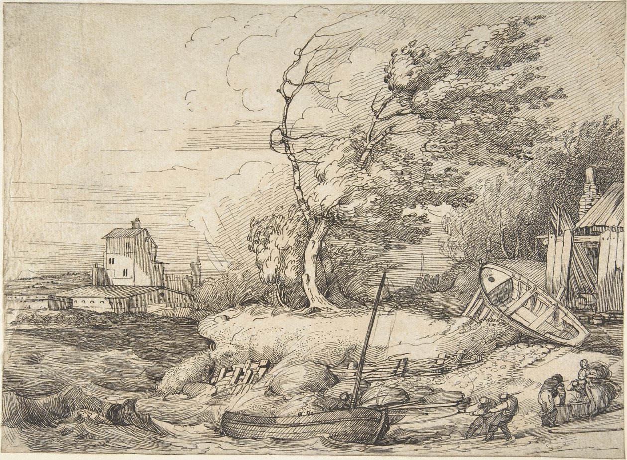 Att dra upp en fiskebåt på stranden i storm av John Hamilton Mortimer