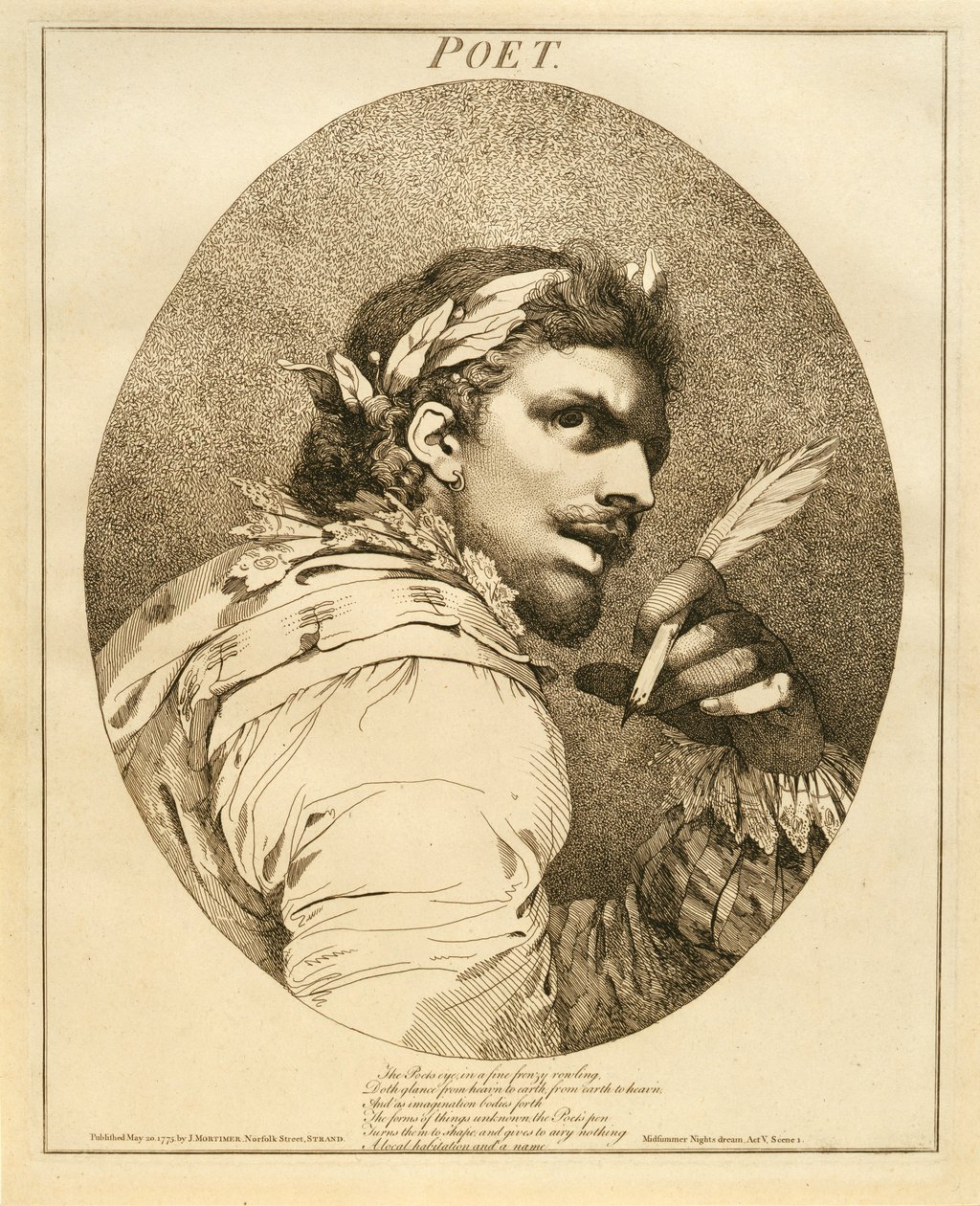 Poet, från en midsommarnattsdröm, akt V, scen I, 1775 av John Hamilton Mortimer