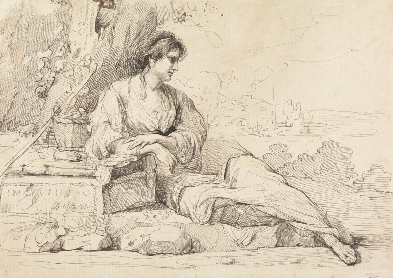 Lutande kvinnlig figur i ett italienskt landskap av John Hamilton Mortimer
