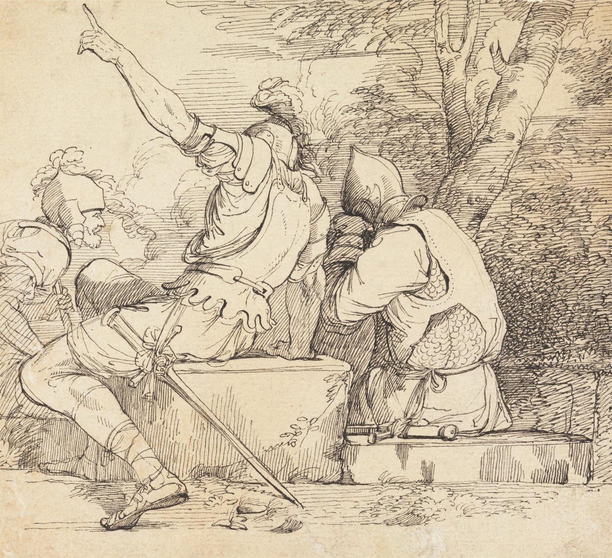 Tre soldater i rustning sitter på stenblock av John Hamilton Mortimer