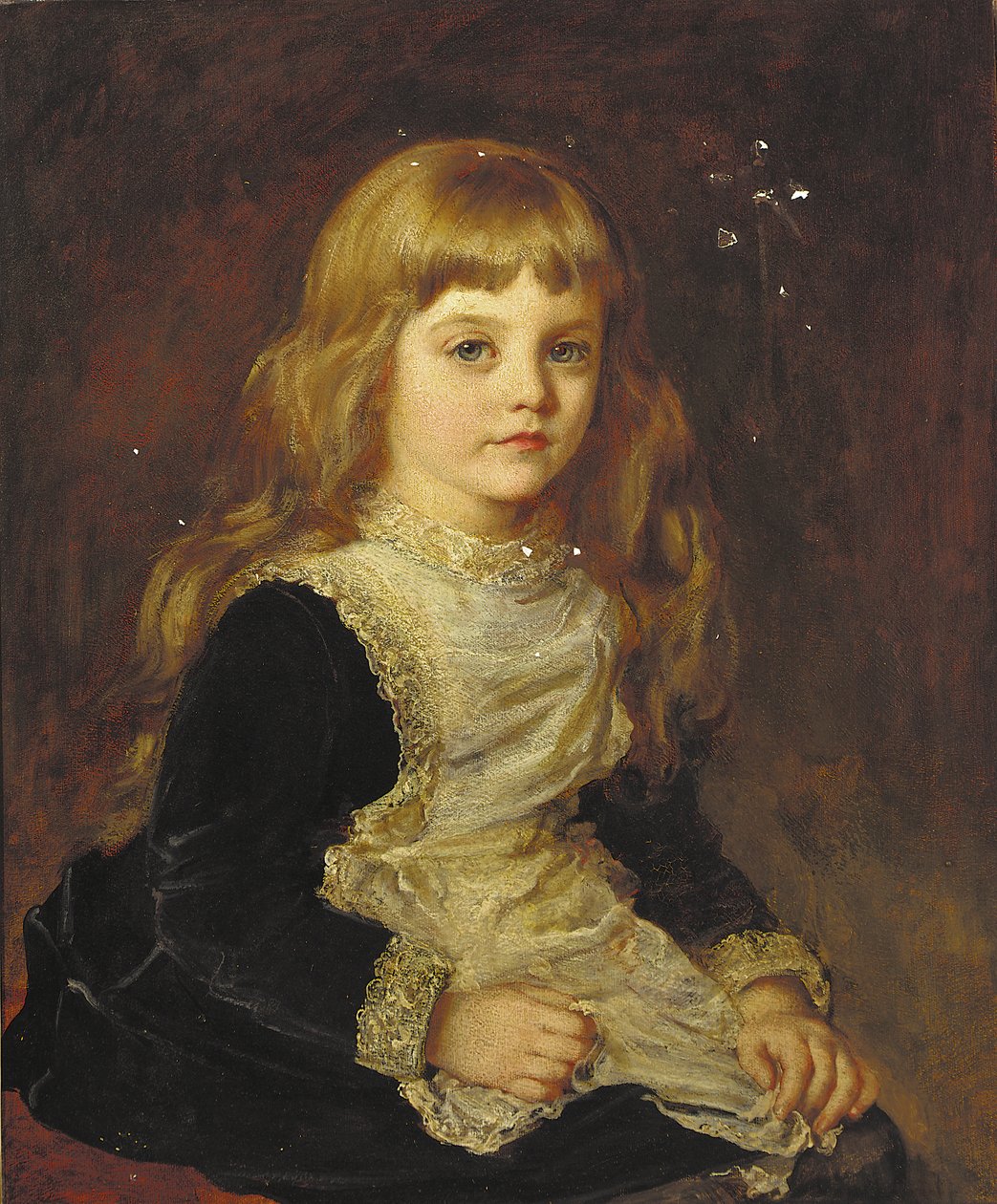 Porträtt av Sophie Beatrix Mary Cadogan, sittande trekvartslängd, i en svart klänning med spetsklippt förkläde (olja på duk) av John Hanson Walker