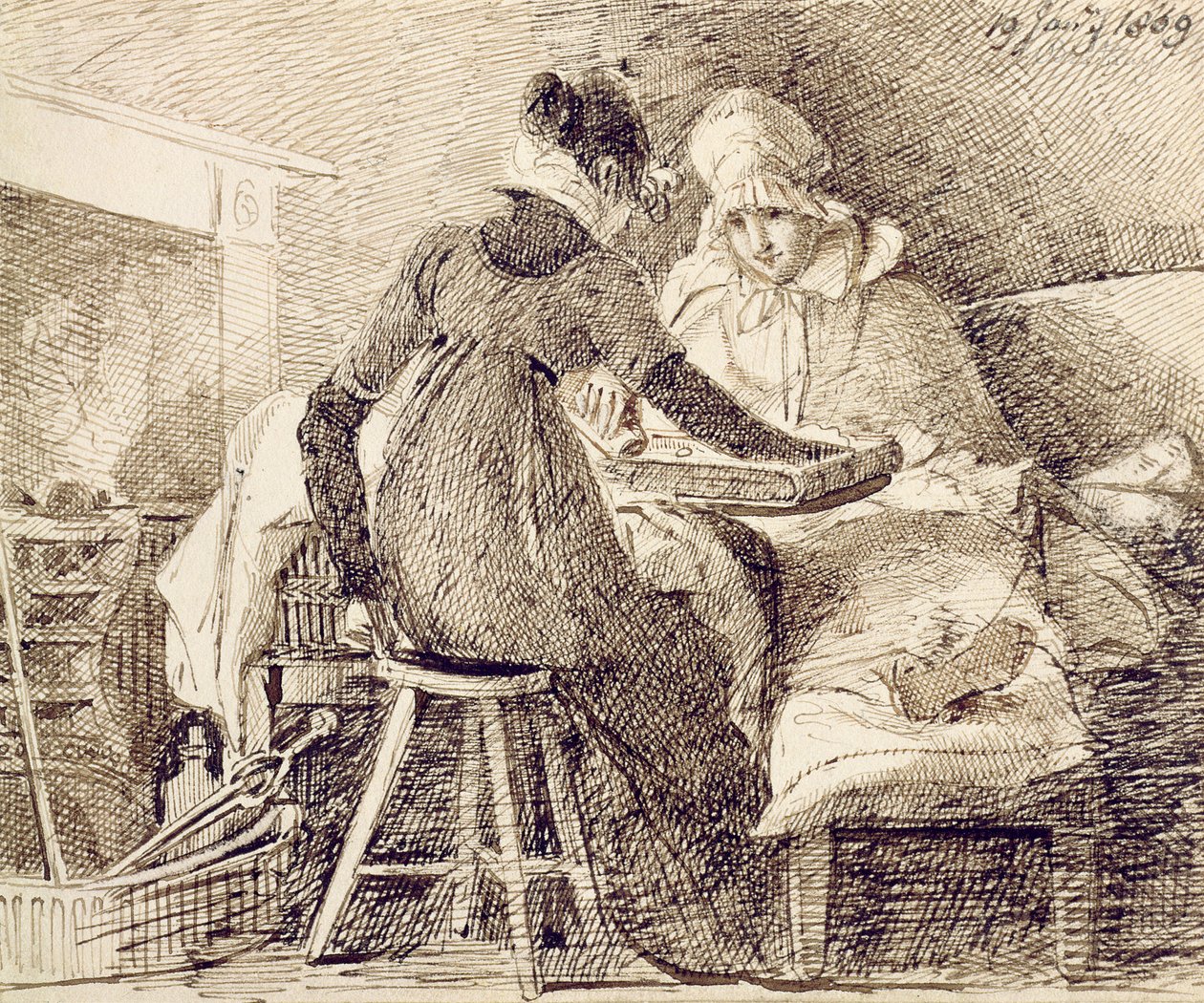 A Game of Backgammon, 19 januari 1809 (penna och bläck på papper) av John Harden
