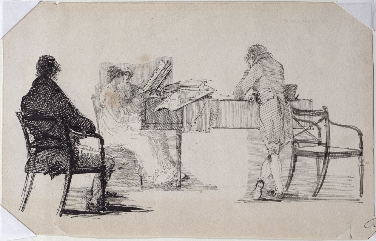 En musikalisk kväll (penna och bläck på papper) av John Harden