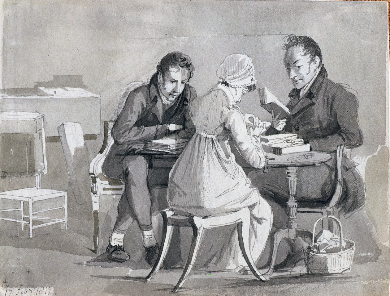 En kvällsläsning, 17 februari 1812 (penna- och bläcktvätt på papper) av John Harden