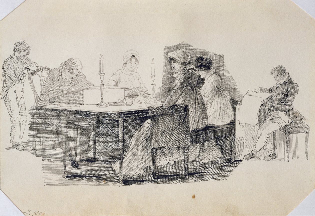 An Evening at Home, 1804 (penna och bläck på papper) av John Harden