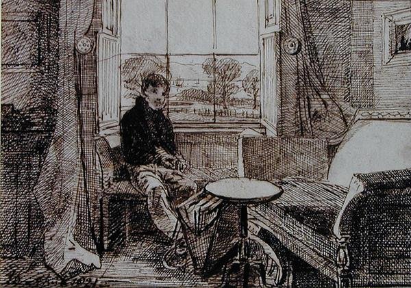 Pojke som sitter vid en fönsterplats (penna och bläck på papper) av John Harden