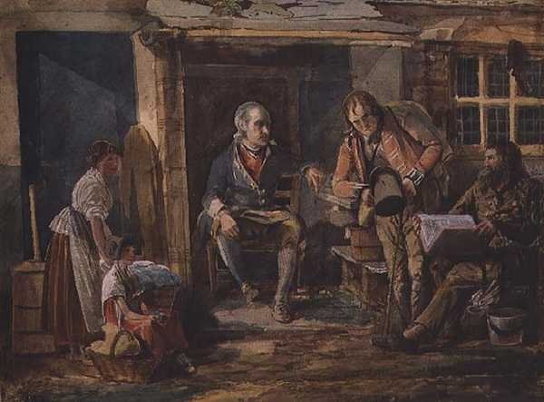 Grupp med en soldat utanför dörren till en stuga (akvarell på papper) av John Harden