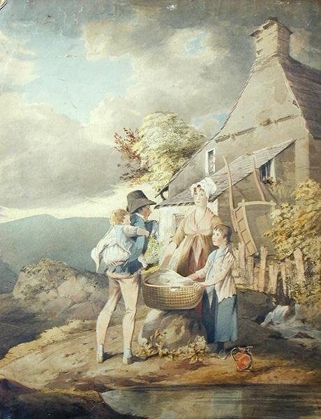 Grupp utanför en tvättstuga (akvarell på papper) av John Harden