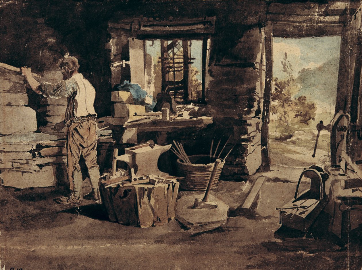 Inredningen av Smithy, Ambleside (wc på papper) av John Harden