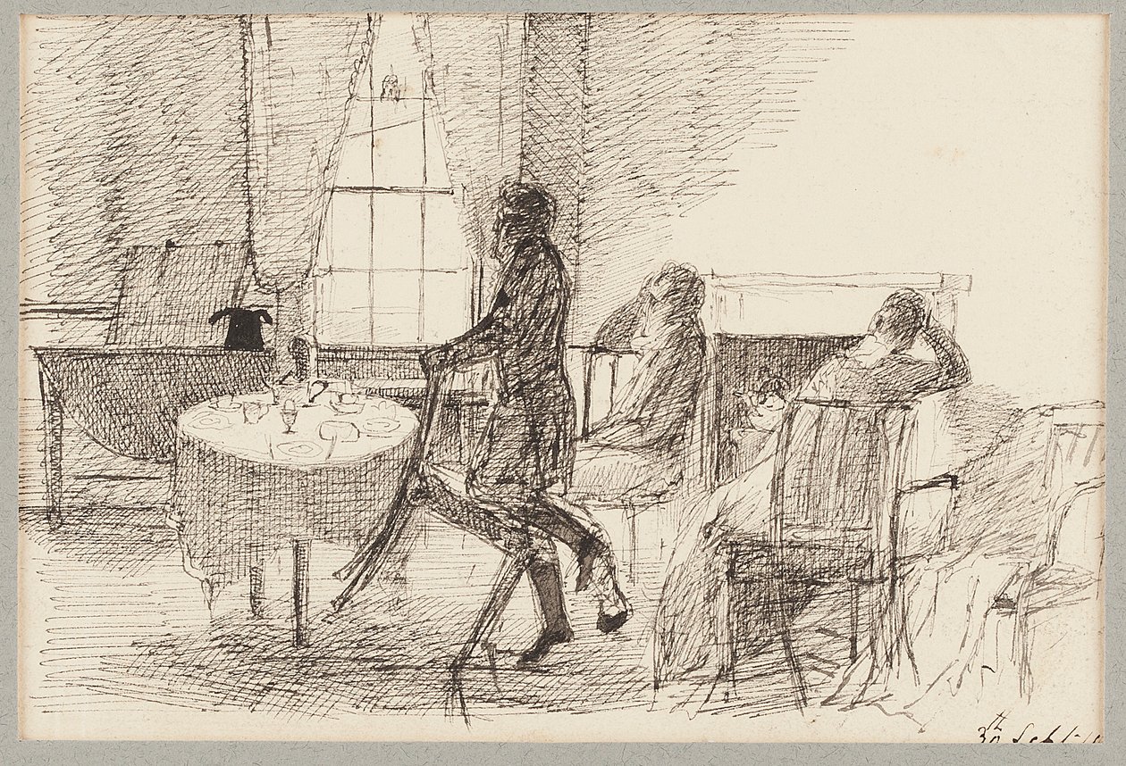 Interiör med figurer (penna och bläck på papper) av John Harden