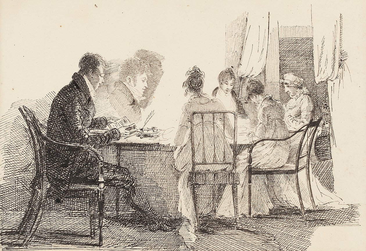 Interiör med sittande figurer, 1804-05 av John Harden
