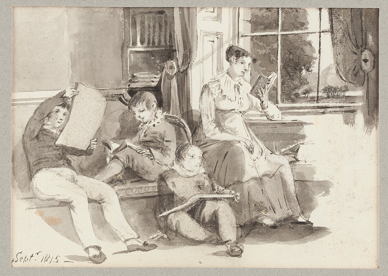 Jessy och tre barn, 1815 (wc på papper) av John Harden