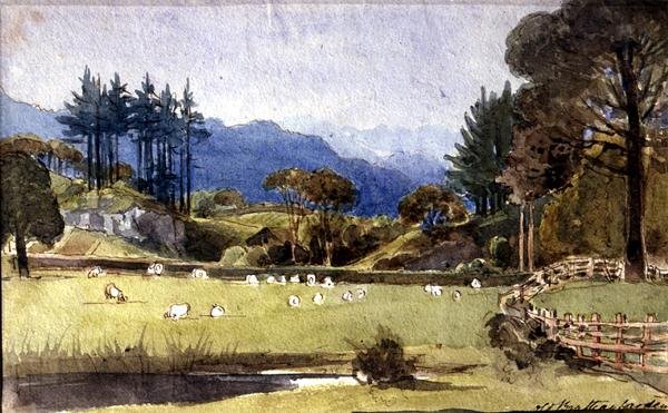 Langdale från North Shore of Windermere (akvarell på papper) av John Harden