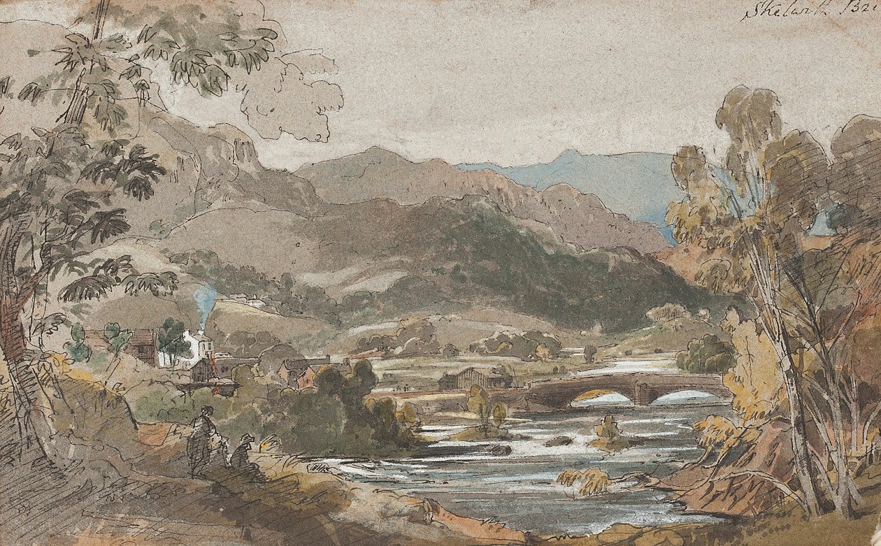 Skelwith Bridge, 1812 (wc kwenye karatasi)swed av John Harden