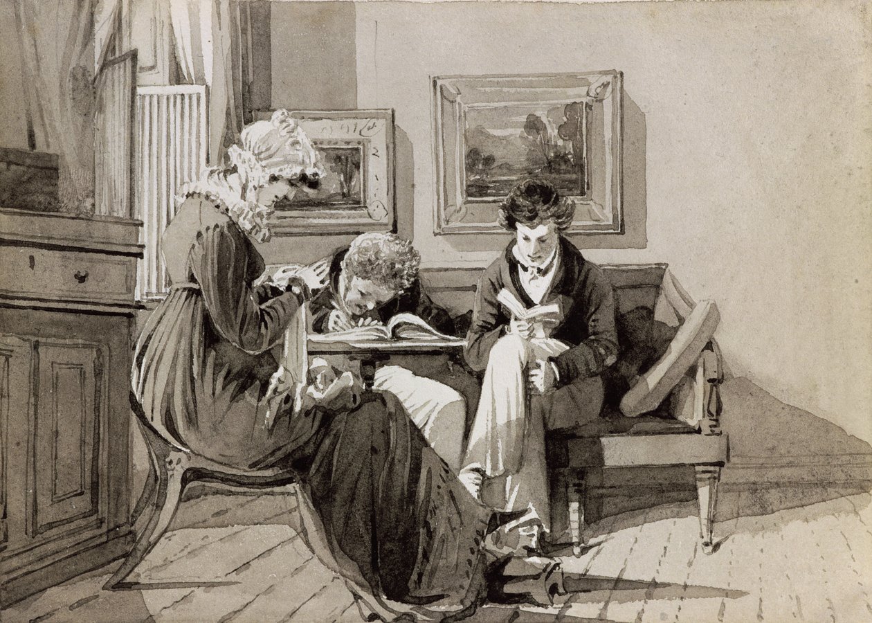 Social inredning i Brathay Hall, föreställande Jessy Harden, pastor Owen Lloyd och H. Almack, ca 1827 (bläck och tvätt på papper) av John Harden