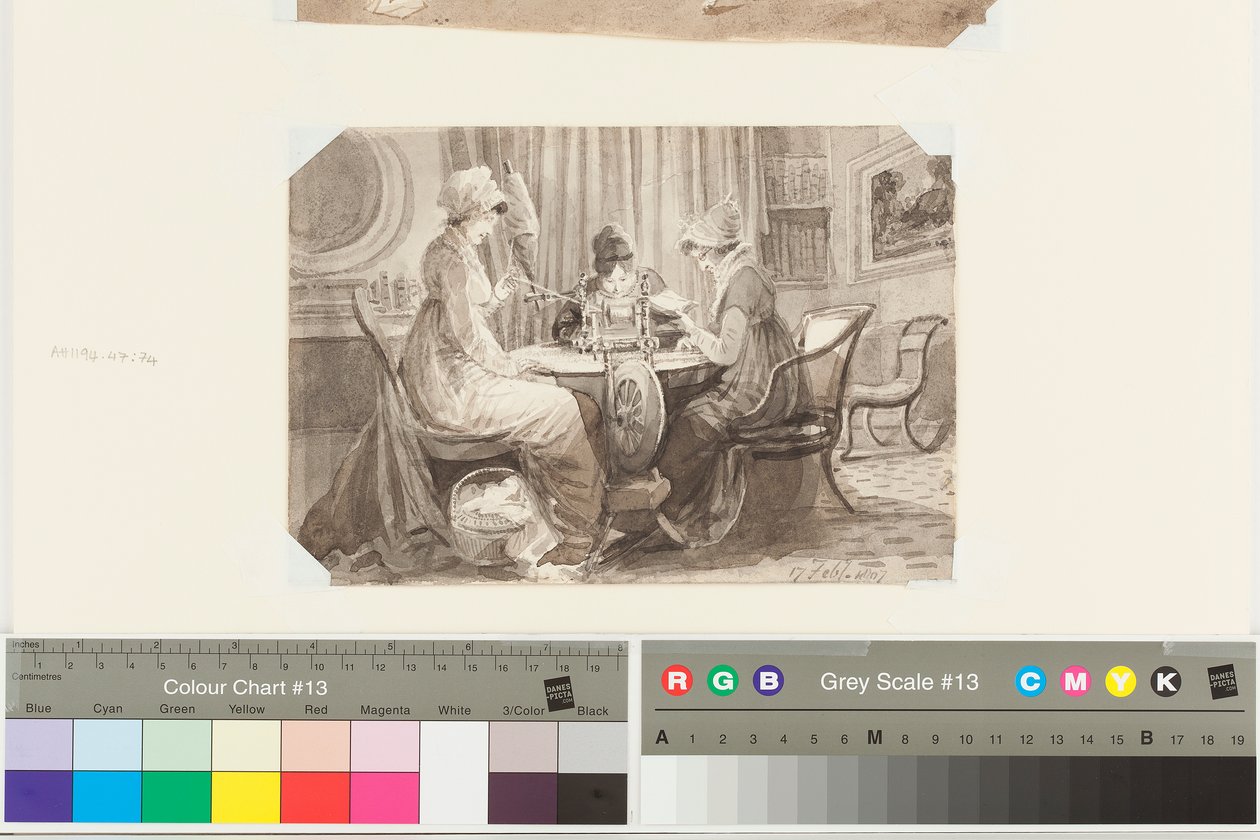 Spinning, läsning och skrivning, 17 februari 1807 (penna- och bläcktvätt på papper) av John Harden