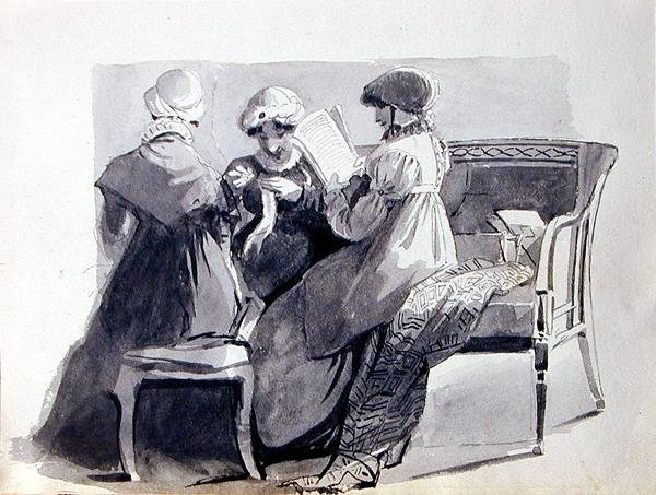Tre kvinnor på en soffa (penna och bläcktvätt på papper) av John Harden