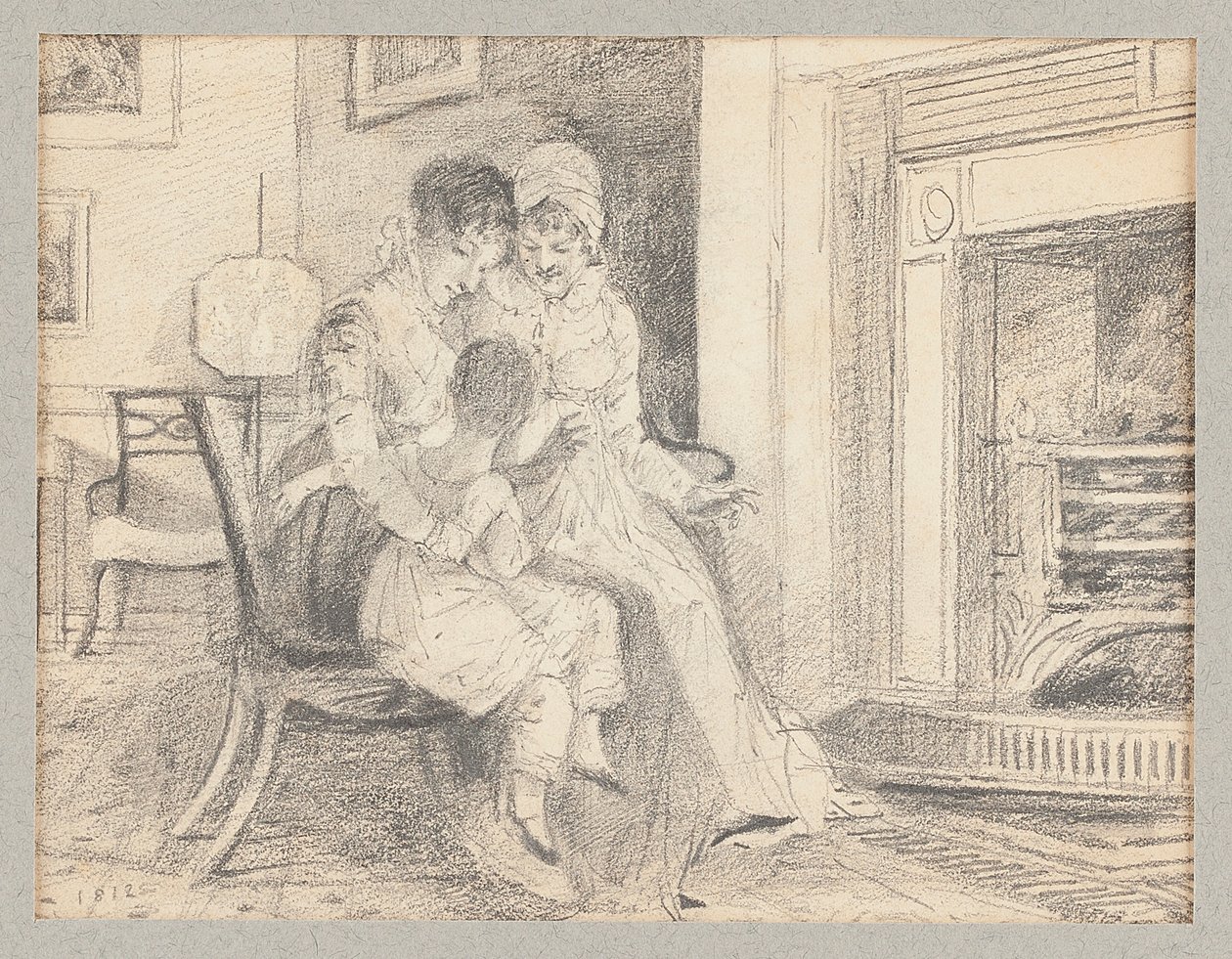 Tre vid elden, med John W 3 år gammal, 1812 av John Harden