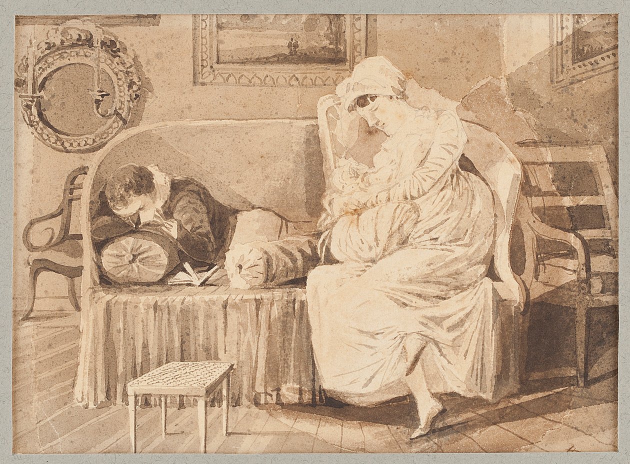Tre på en soffa, 1805 (wc på papper) av John Harden