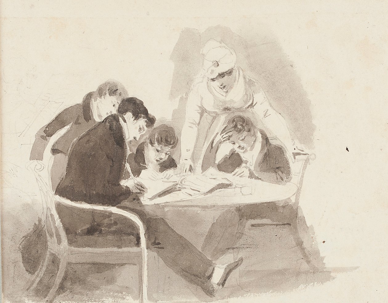 Två pojkar gör läxor, 1811 (wc på papper) av John Harden