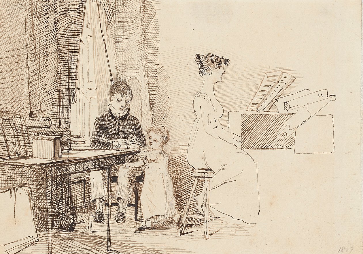 Två barn och en kvinna vid pianot, 1807 av John Harden