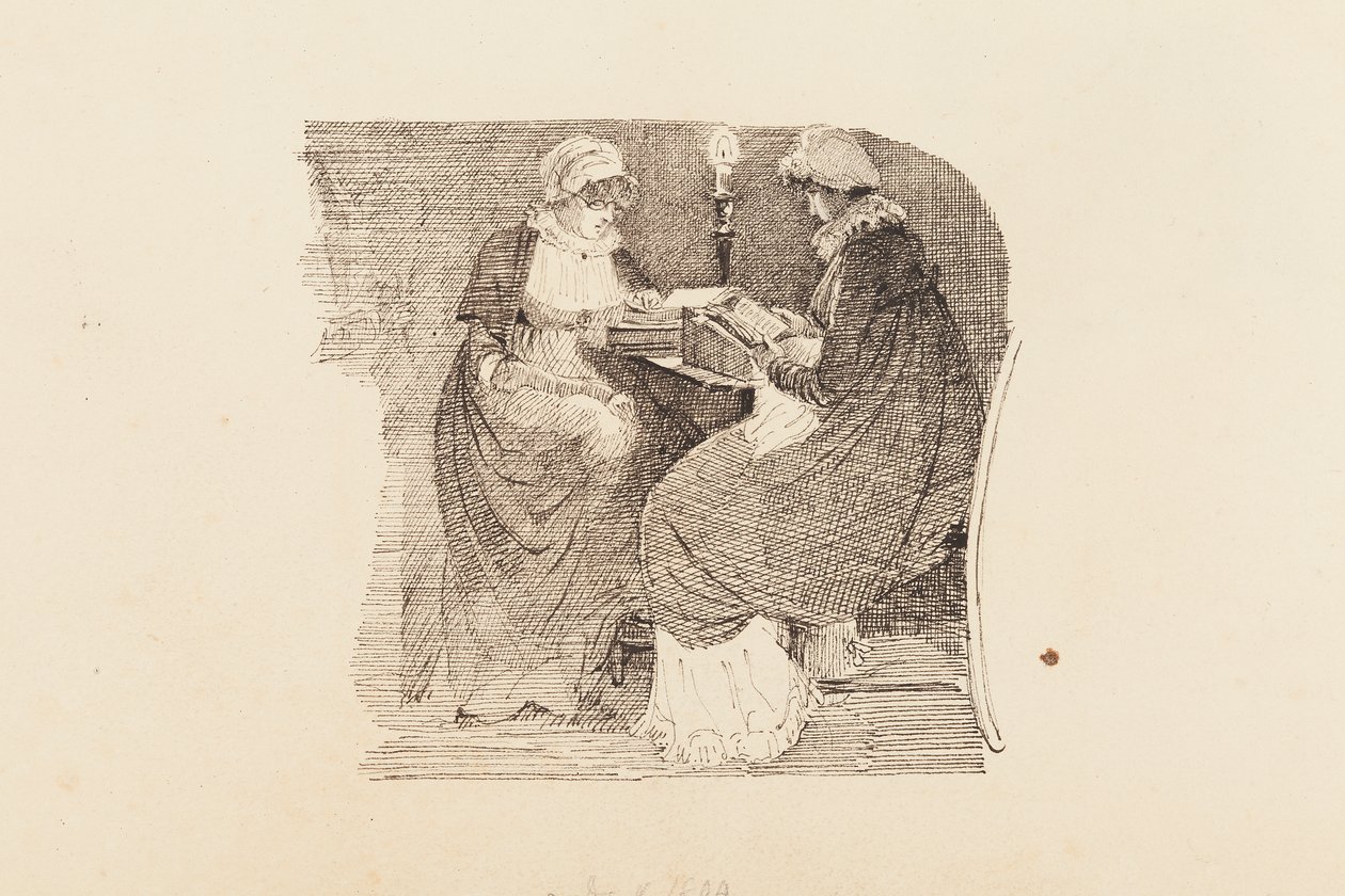 Två kvinnor som läser med lampljus, 1804 (penna och bläck på papper) av John Harden