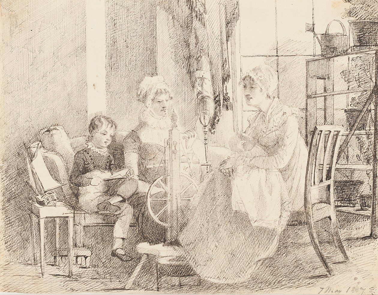 Kvinnor vid spinnhjulet och en pojke med en leksaksbåt, 1807 av John Harden