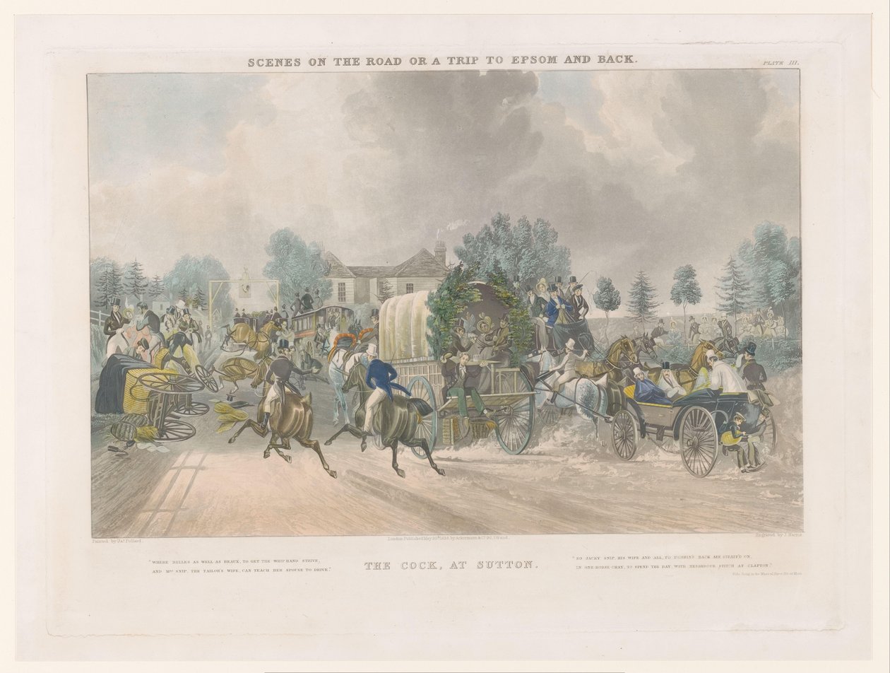 Utsikt över Sutton High Street på Cock inn The Cock, at Sutton (titel på objekt) Gatulandskap runt Epsom (serietitel) Scener på vägen, eller en resa till Epsom och tillbaka (serietitel) av John Harris
