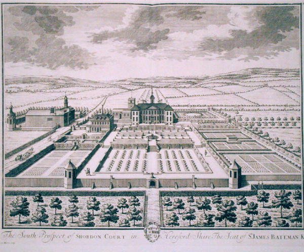 Södra utsikten över Shobdon Court, Herefordshire, Sir James Batemans säte (gravyr) av John Harris