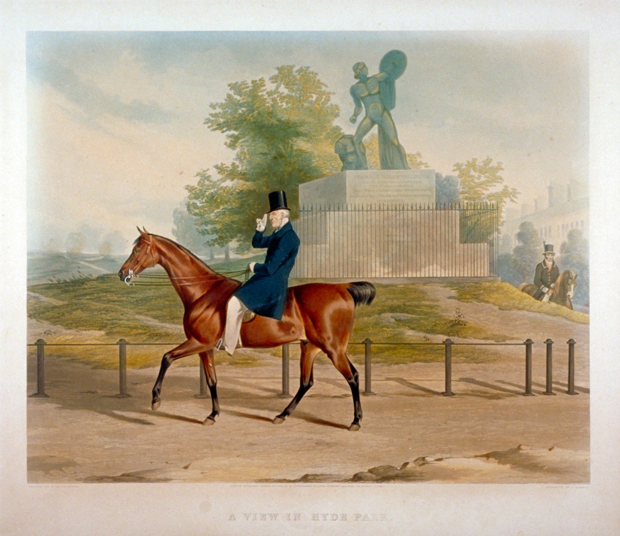 Hertigen av Wellington rider förbi Akillesstatyn i Hyde Park, London, 1844. av John Harris